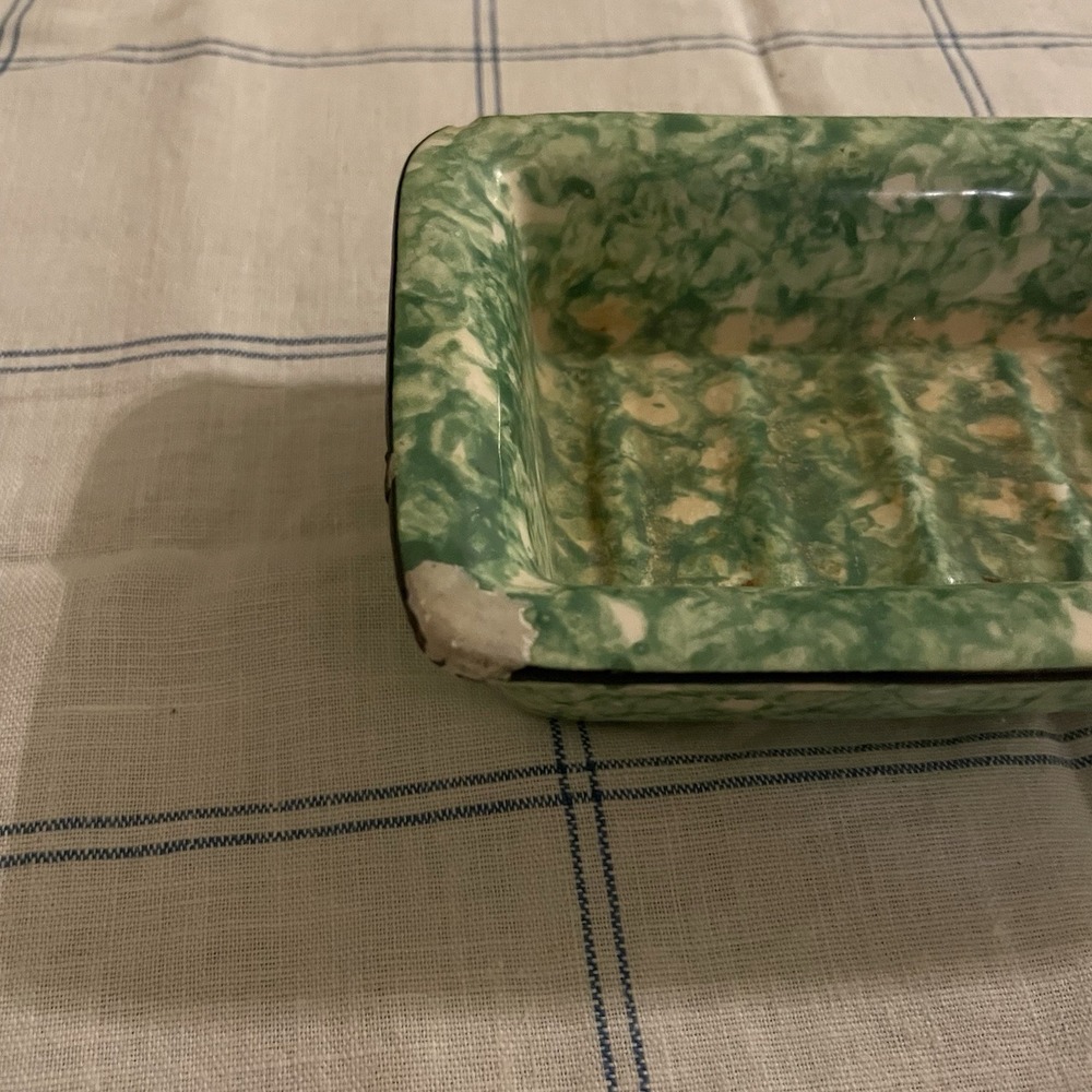 Vintage Stangl Green Spongeware Pottery Soap Dish 5.5"x3.75" - Picture 2 of 8